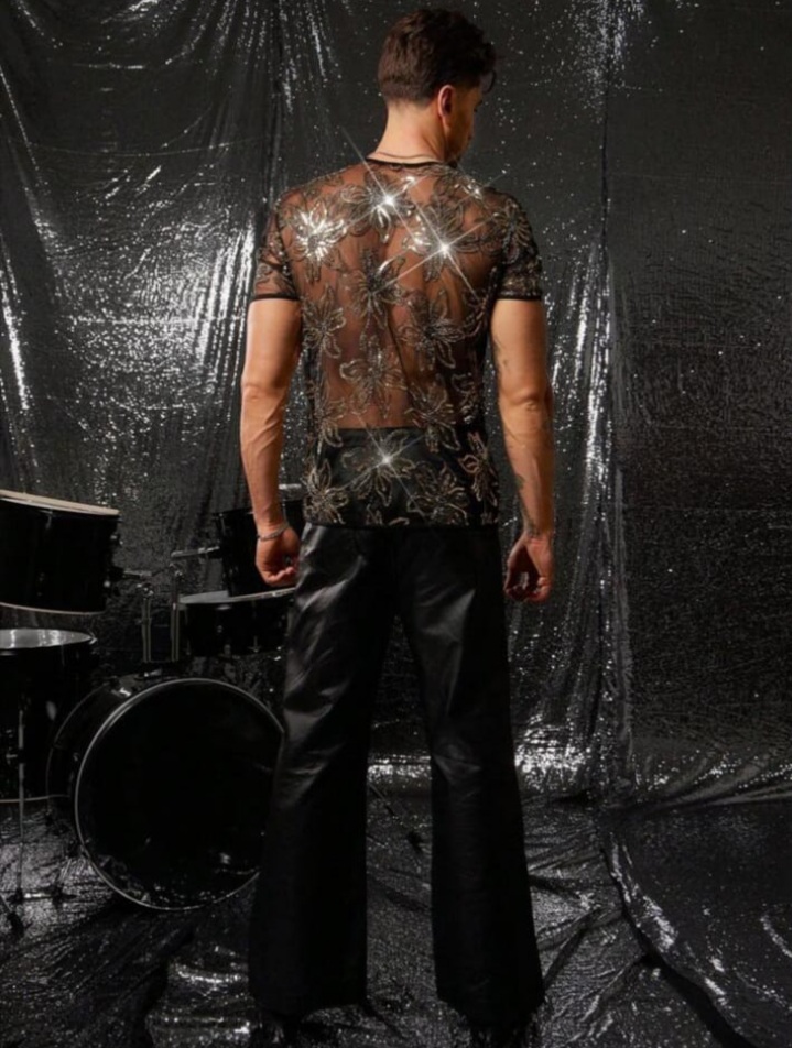 Men's Knitted Fashionable Casual Loose Sequin Decorated short Sleeve T - Shirt